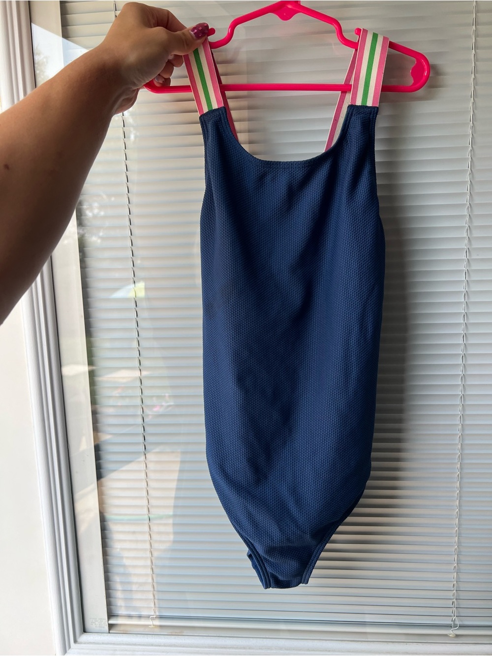 Boden Girls Navy One-Piece Swimsuit with Pink & Green Striped Straps 9/10years